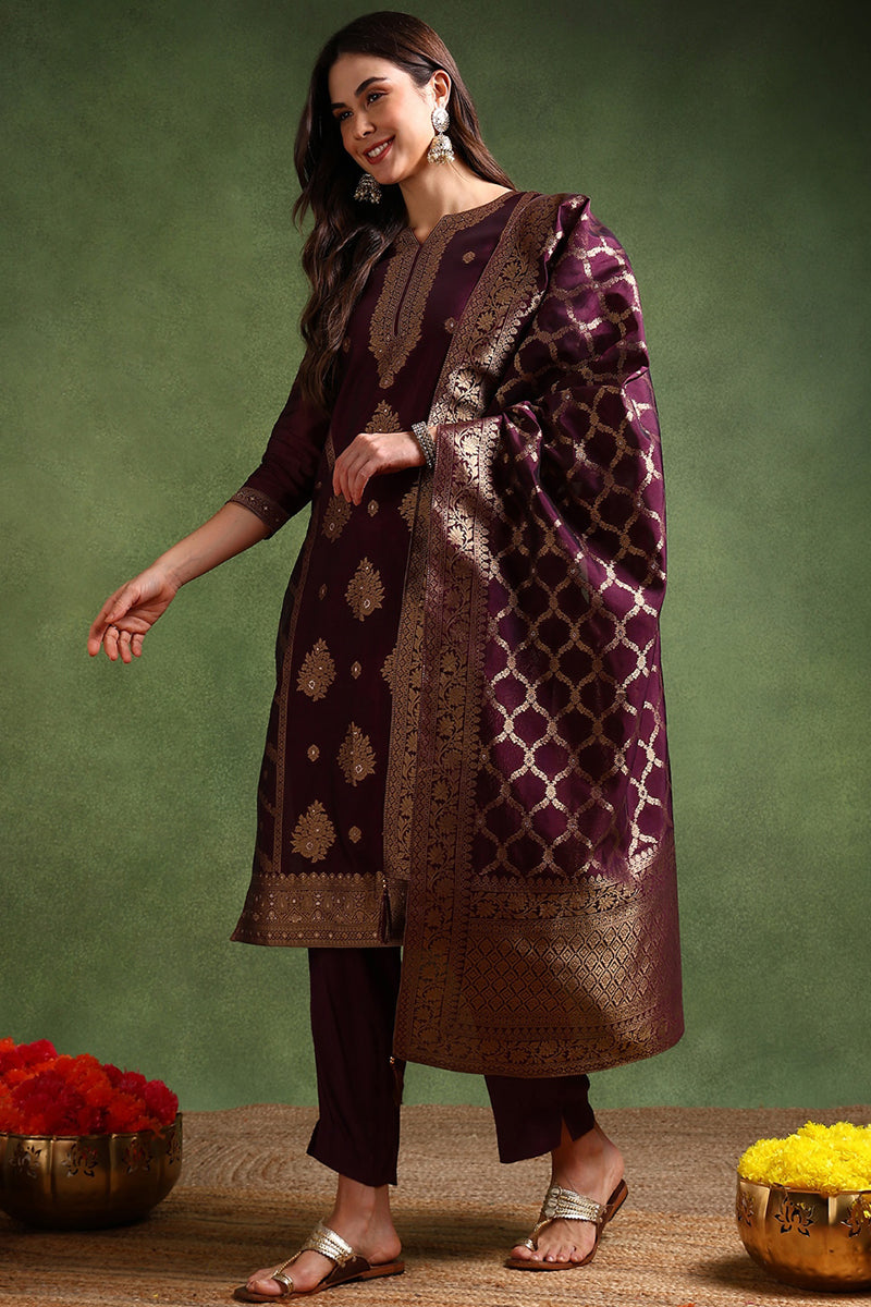 Dark Wine Chanderi Silk Woven Design Straight Trouser Suit Set PKSKD26