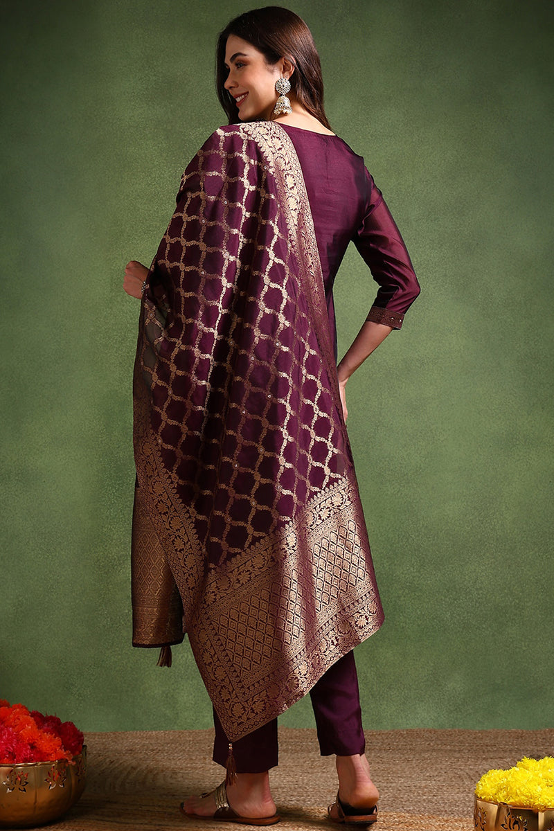 Dark Wine Chanderi Silk Woven Design Straight Trouser Suit Set PKSKD26