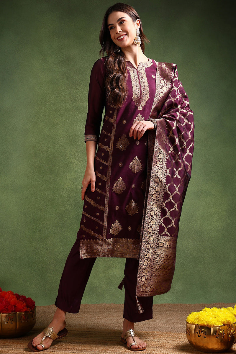Dark Wine Chanderi Silk Woven Design Straight Trouser Suit Set PKSKD26