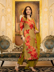 Women Green Silk Blend Floral Printed Straight Kurta Trouser With Dupatta-PKSKD2704