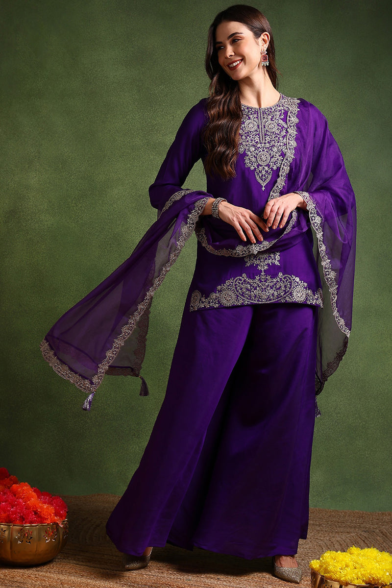 Purple Silk Blend Solid Embroidered Straight Palazzo Suit Set PKSKD270