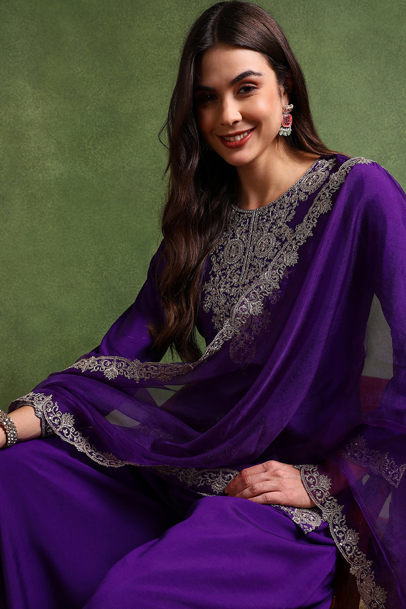 Purple Silk Blend Solid Embroidered Straight Palazzo Suit Set PKSKD270