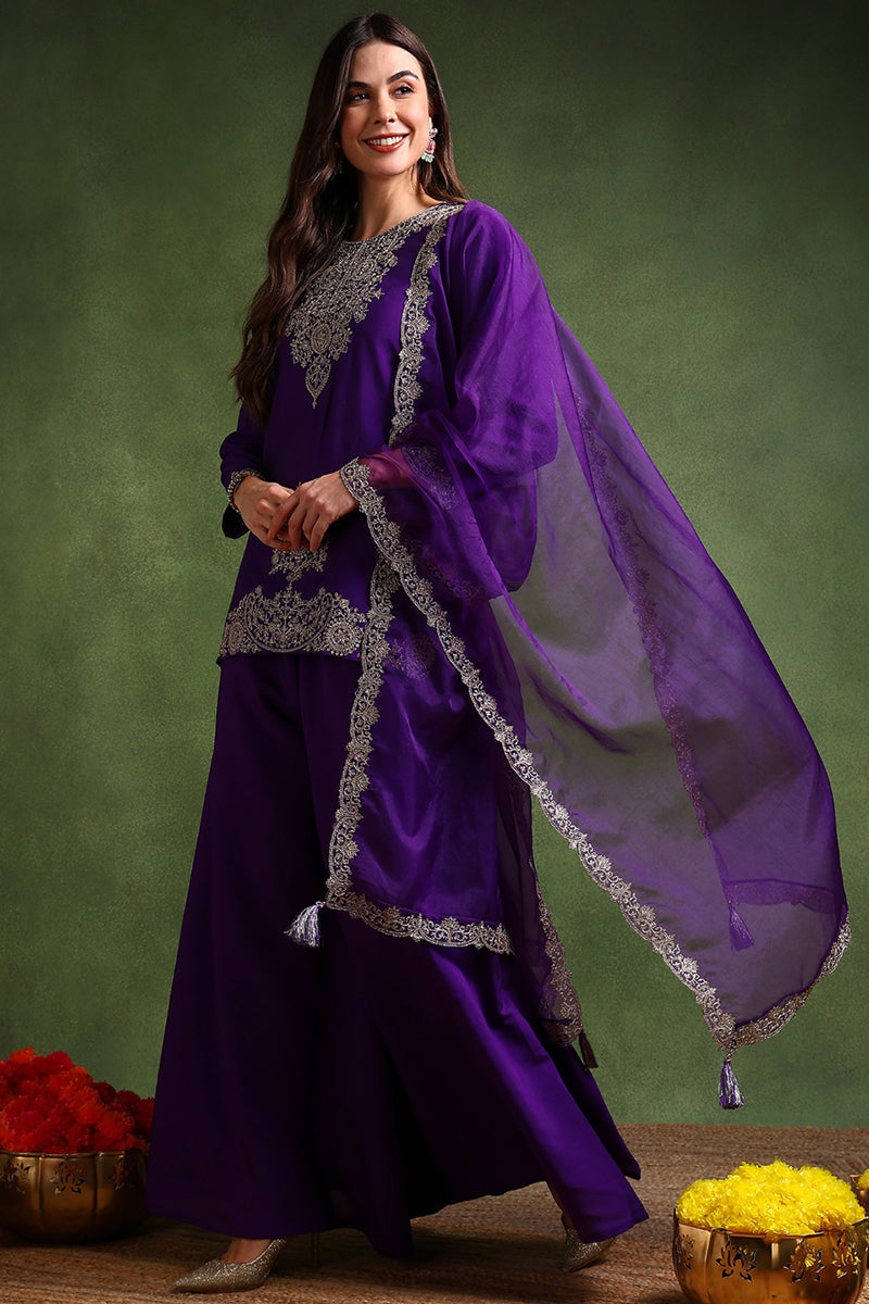 Purple Silk Blend Solid Embroidered Straight Palazzo Suit Set PKSKD270