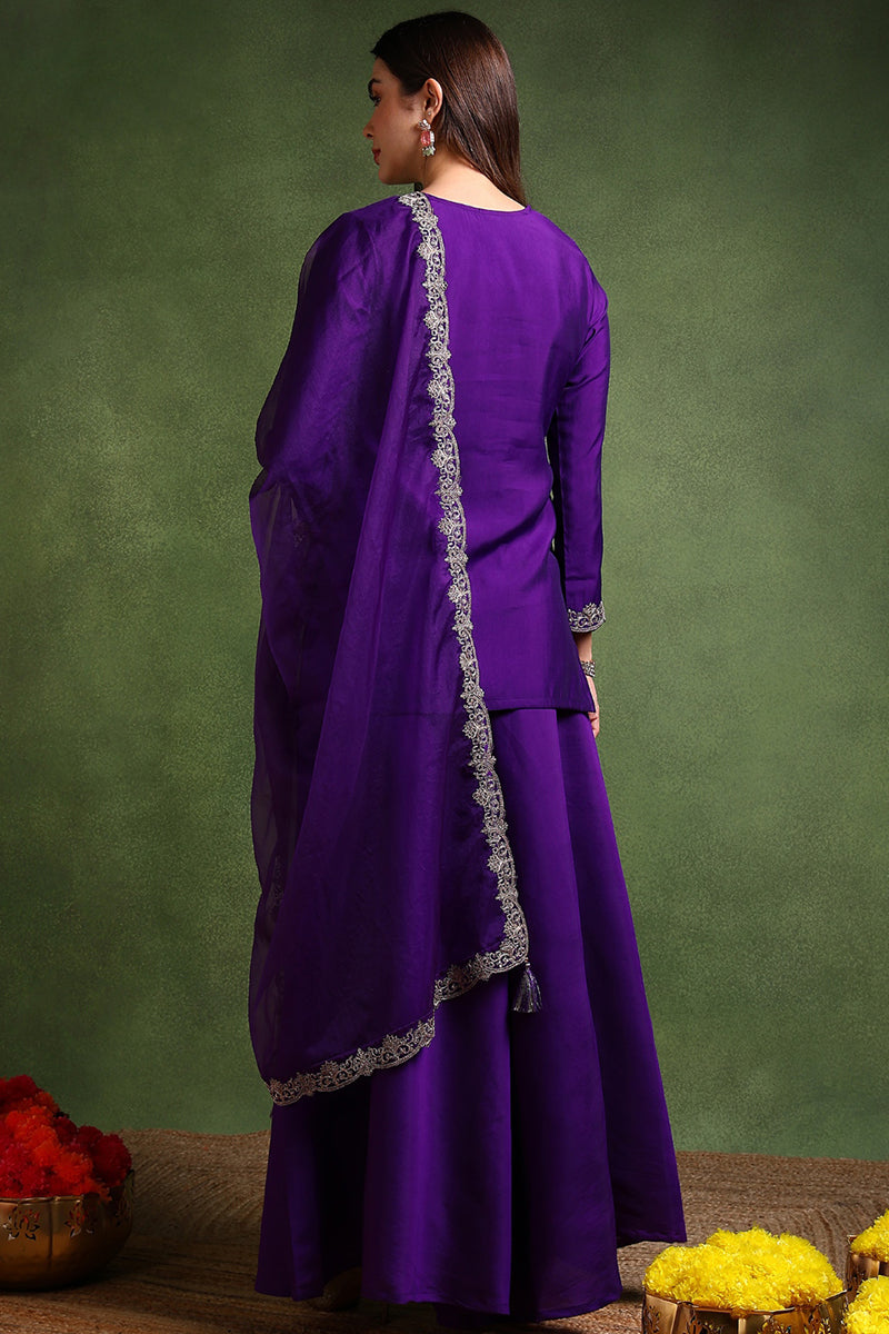Purple Silk Blend Solid Embroidered Straight Palazzo Suit Set PKSKD270