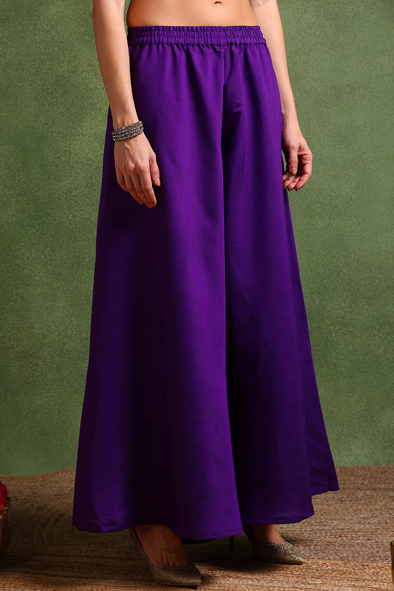 Purple Silk Blend Solid Embroidered Straight Palazzo Suit Set PKSKD270