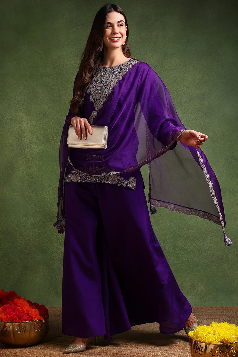 Purple Silk Blend Solid Embroidered Straight Palazzo Suit Set PKSKD270