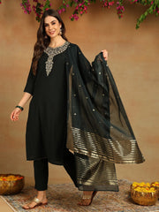 Women Green Chanderi Silk Solid Embroidered Straight Kurta Trousers With Dupatta-PKSKD2715