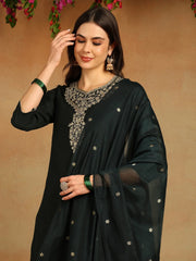 Women Green Chanderi Silk Solid Embroidered Straight Kurta Trousers With Dupatta-PKSKD2715