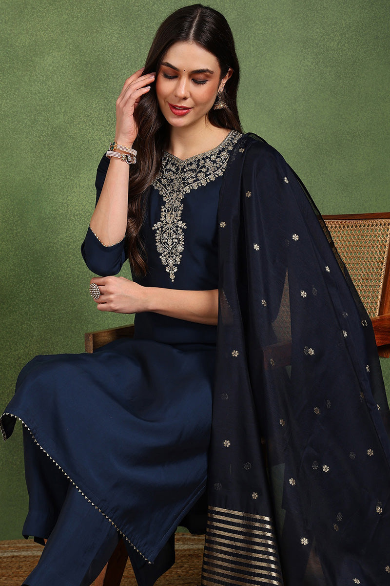 Navy Blue Silk Blend Solid Embroidered Straight Suit Set With Trouser 