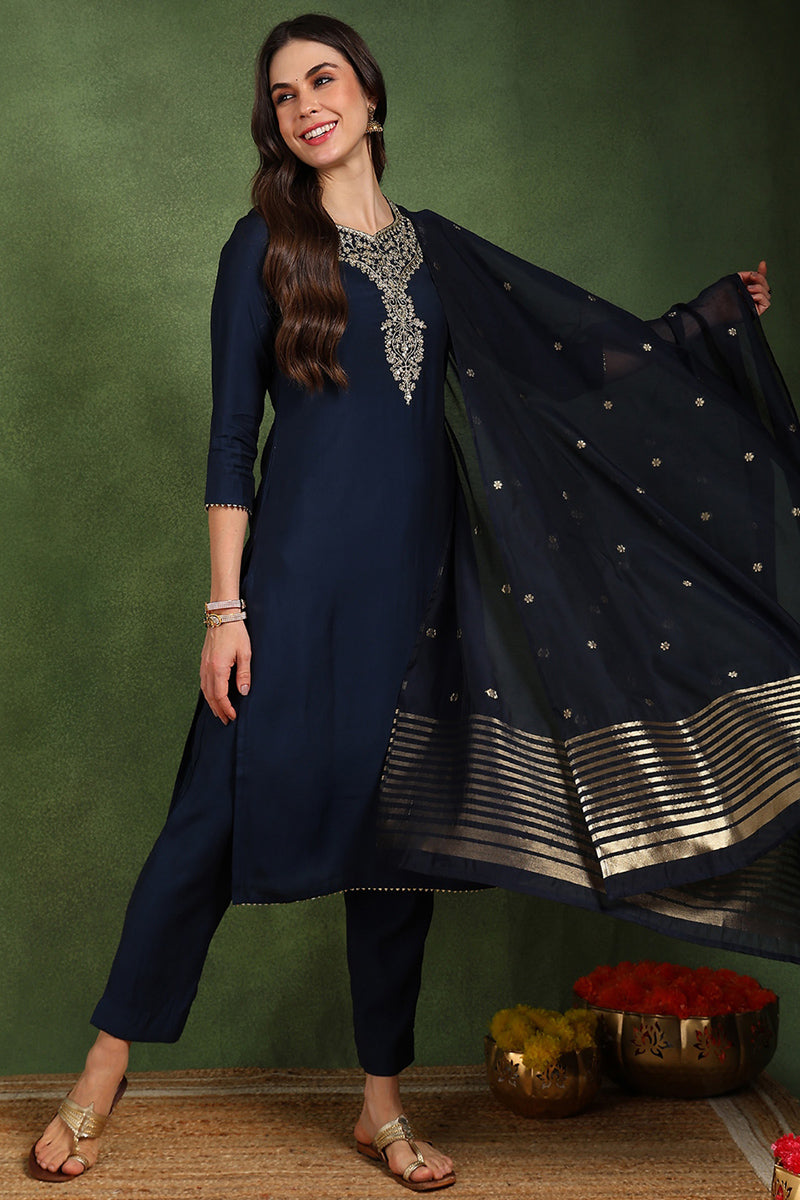 Navy Blue Silk Blend Solid Embroidered Straight Suit Set With Trouser 