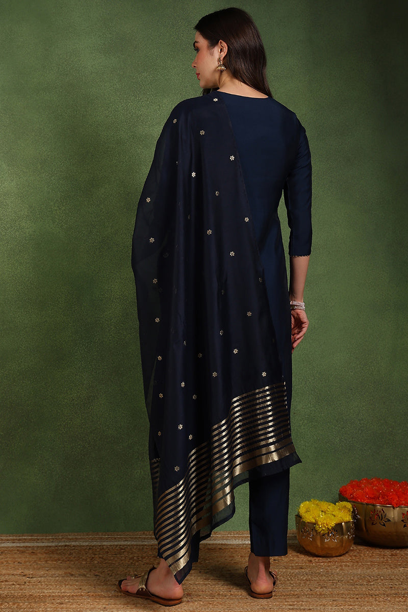 Navy Blue Silk Blend Solid Embroidered Straight Suit Set With Trouser 