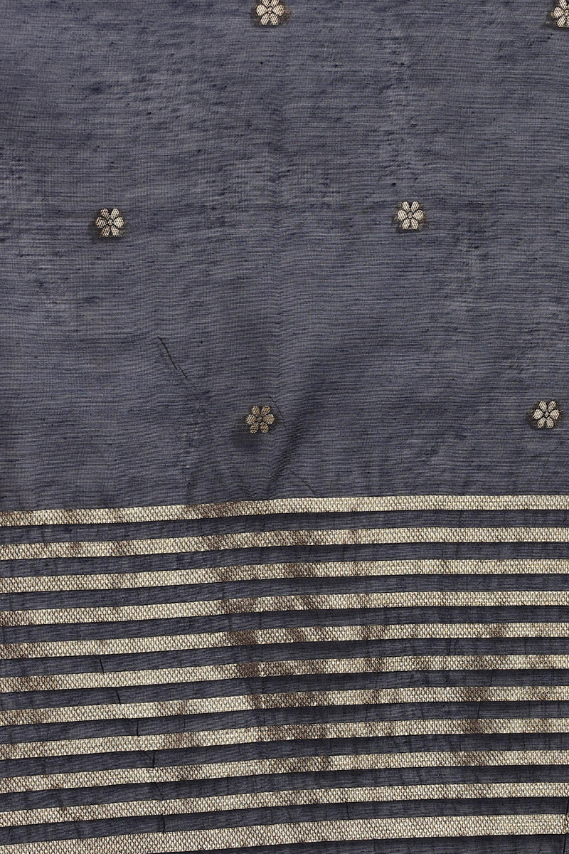 Navy Blue Silk Blend Solid Embroidered Straight Suit Set With Trouser 