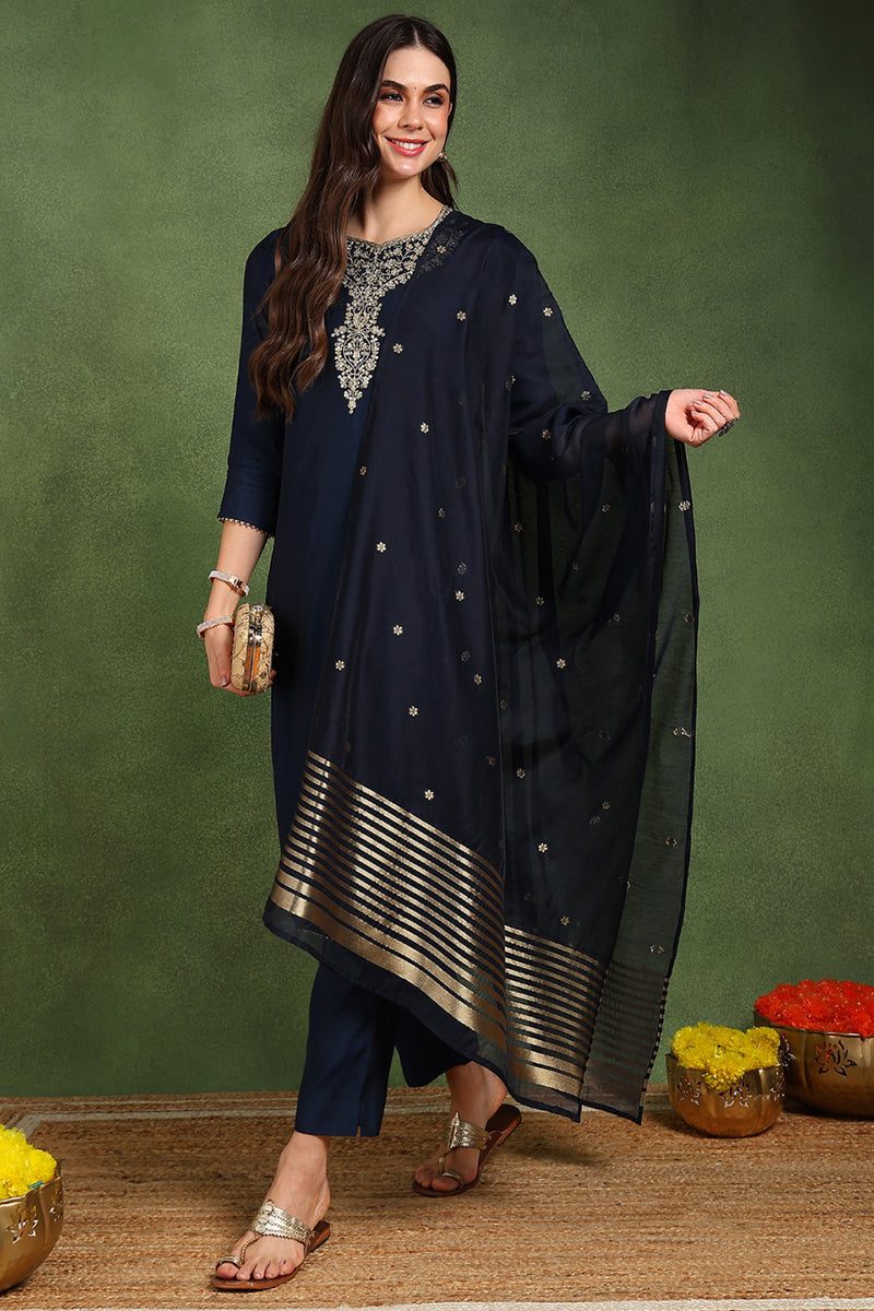 Navy Blue Silk Blend Solid Embroidered Straight Suit Set With Trouser 