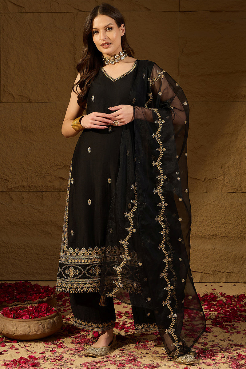 Black Silk Blend Embroidered Straight Kurta Palazzos With Dupatta HOPP