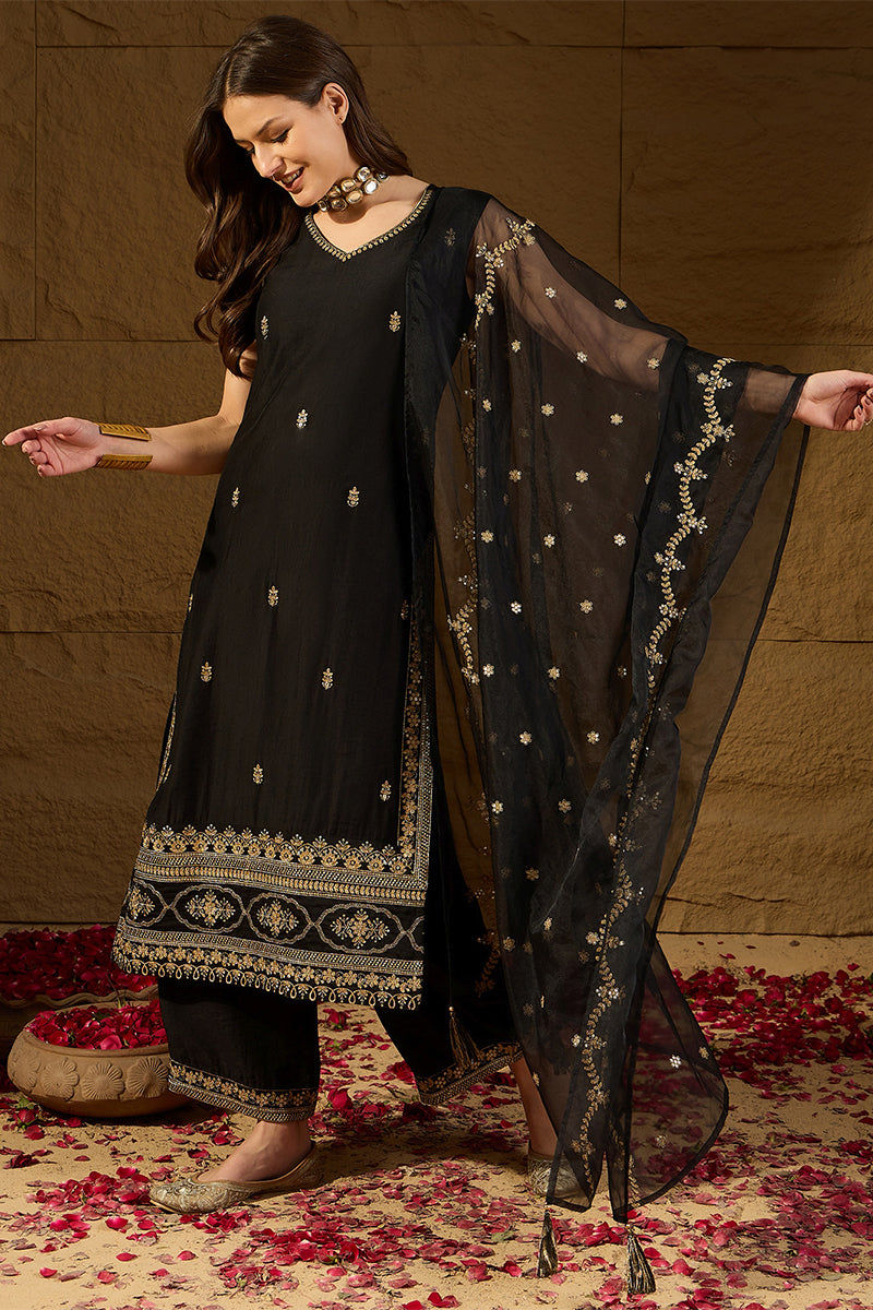 Black Silk Blend Embroidered Straight Kurta Palazzos With Dupatta HOPP