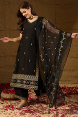 Black Silk Blend Embroidered Straight Kurta Palazzos With Dupatta HOPPKSKD2722