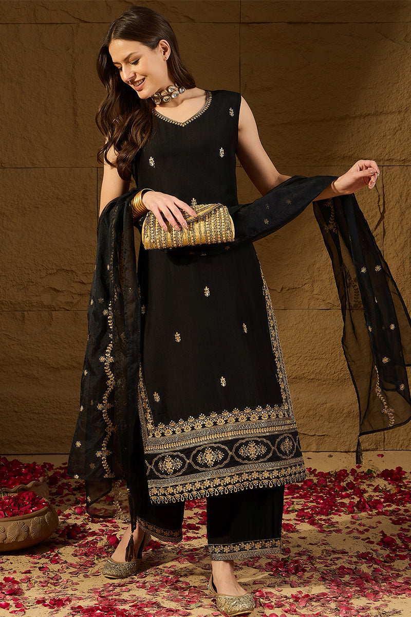 Black Silk Blend Embroidered Straight Kurta Palazzos With Dupatta HOPP
