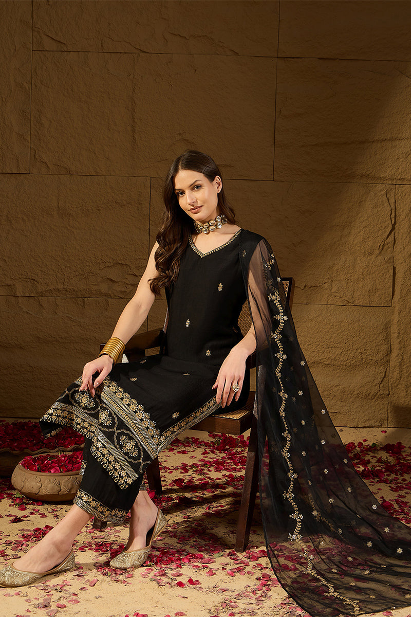 Black Silk Blend Embroidered Straight Kurta Palazzos With Dupatta HOPP