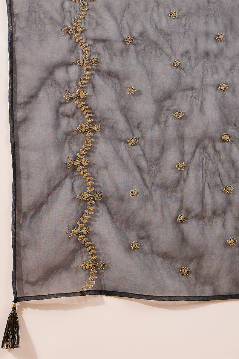 Black Silk Blend Embroidered Straight Kurta Palazzos With Dupatta HOPP