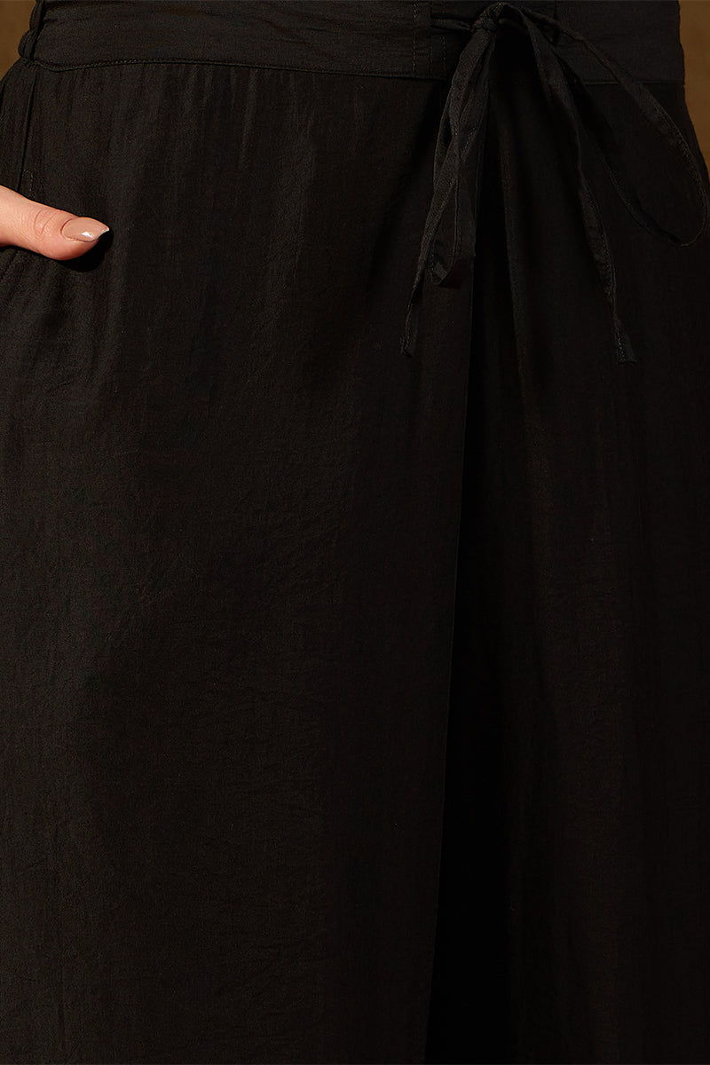 Black Silk Blend Embroidered Straight Kurta Palazzos With Dupatta HOPP
