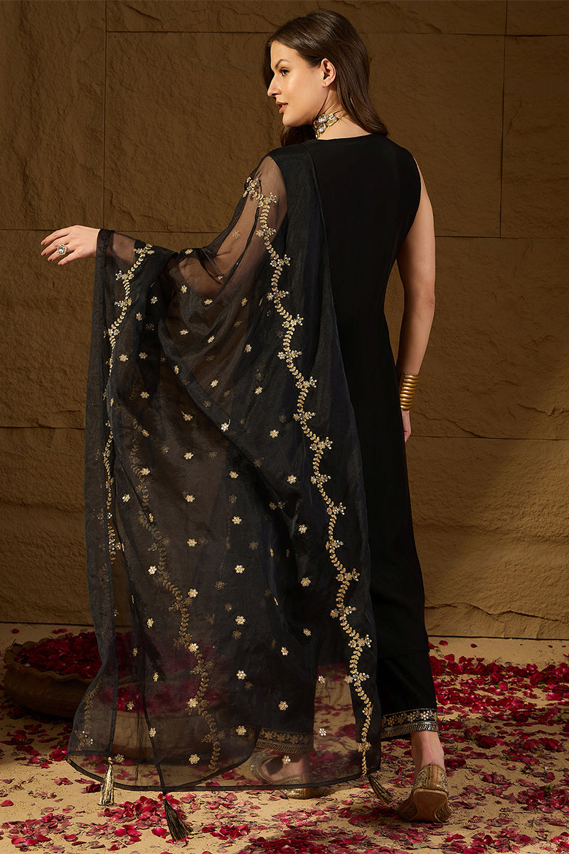 Black Silk Blend Embroidered Straight Kurta Palazzos With Dupatta HOPP