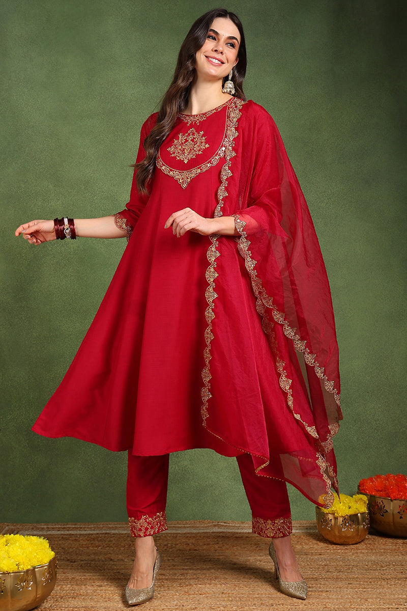 Red Silk Blend Solid Embroidered Anarkali Suit Set With Trouser Bottom