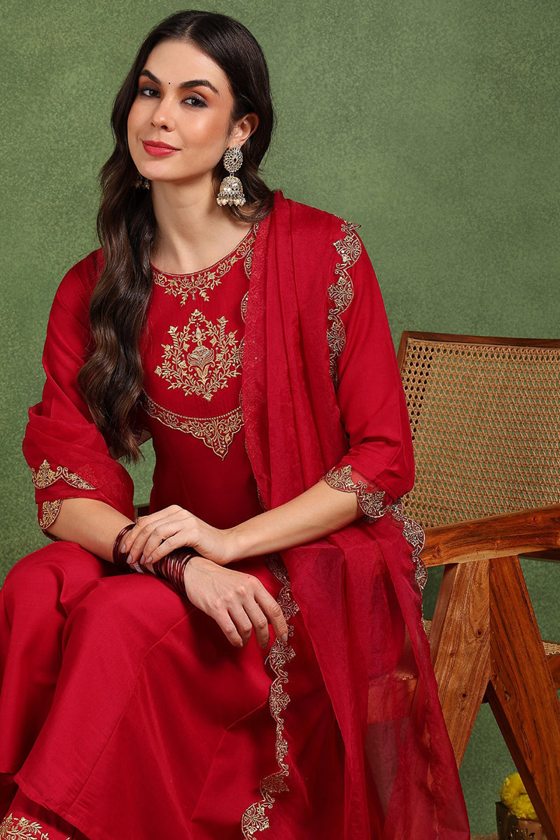 Red Silk Blend Solid Embroidered Anarkali Suit Set With Trouser Bottom