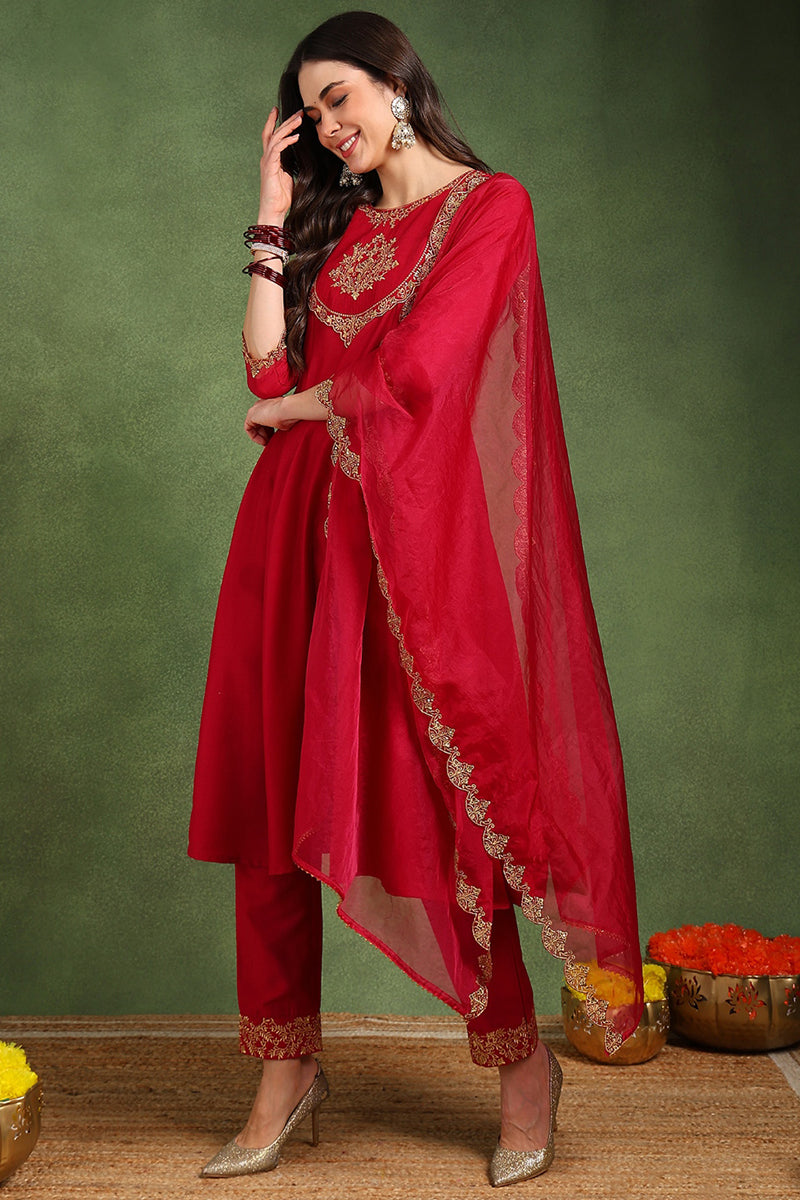 Red Silk Blend Solid Embroidered Anarkali Suit Set With Trouser Bottom