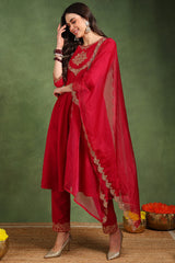 Red Silk Blend Solid Embroidered Anarkali Suit Set With Trouser Bottom PKSKD2726