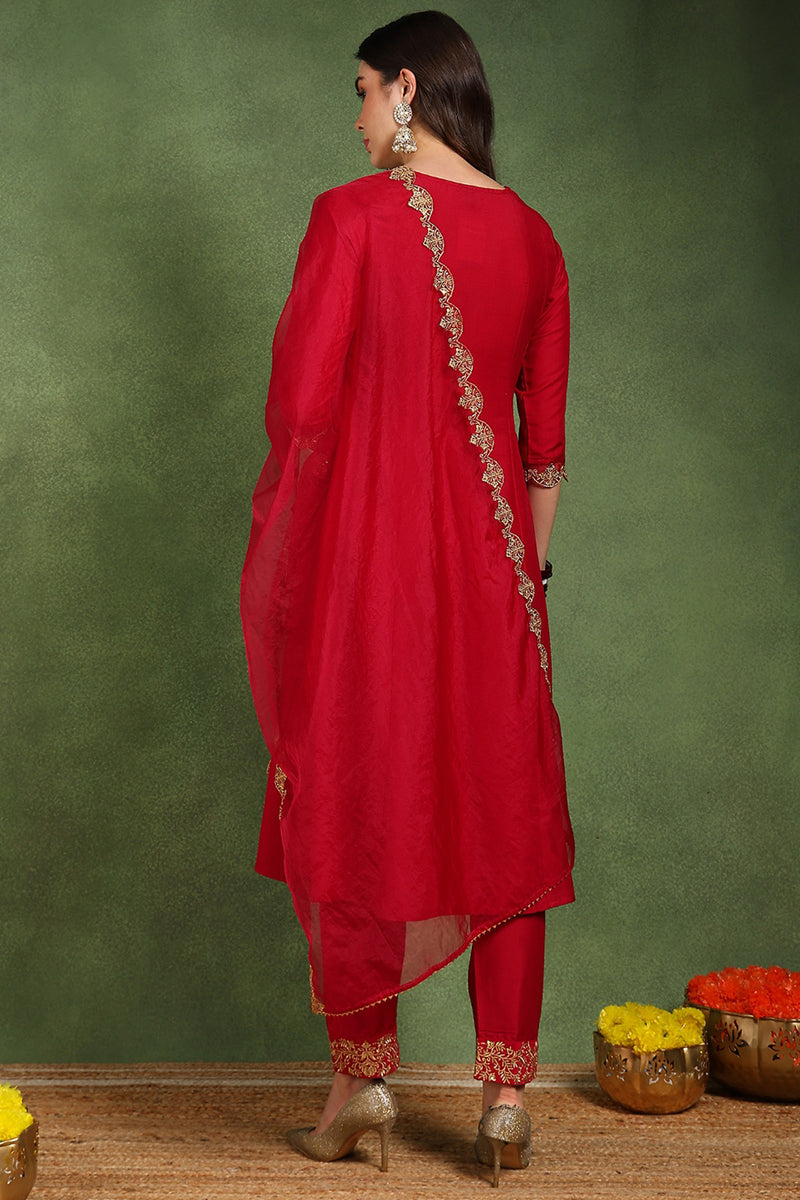 Red Silk Blend Solid Embroidered Anarkali Suit Set With Trouser Bottom
