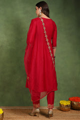 Red Silk Blend Solid Embroidered Anarkali Suit Set With Trouser Bottom PKSKD2726
