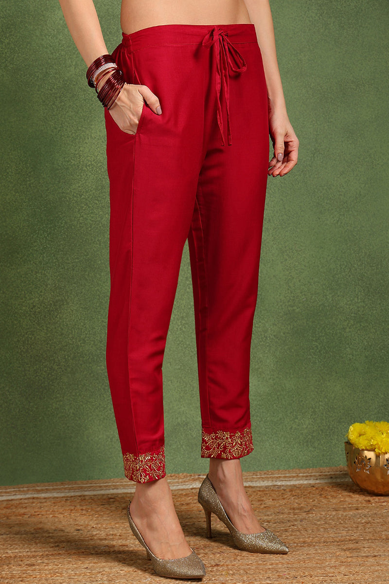 Red Silk Blend Solid Embroidered Anarkali Suit Set With Trouser Bottom
