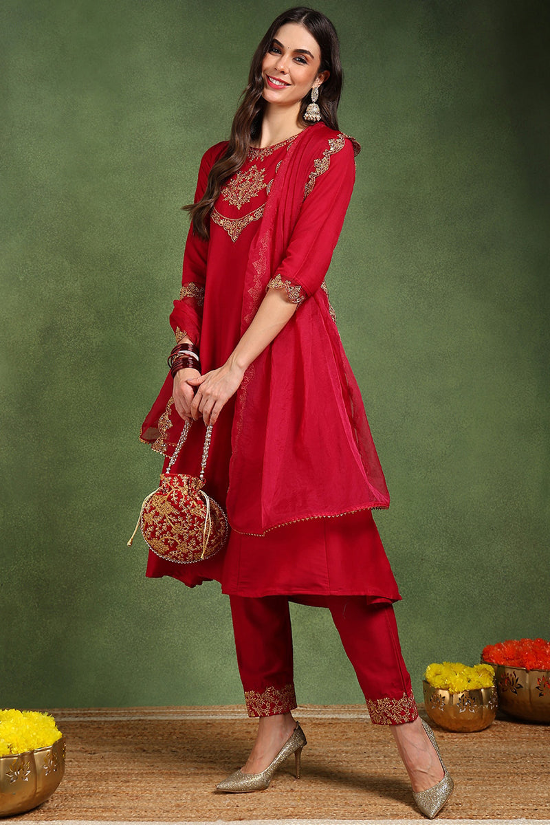 Red Silk Blend Solid Embroidered Anarkali Suit Set With Trouser Bottom