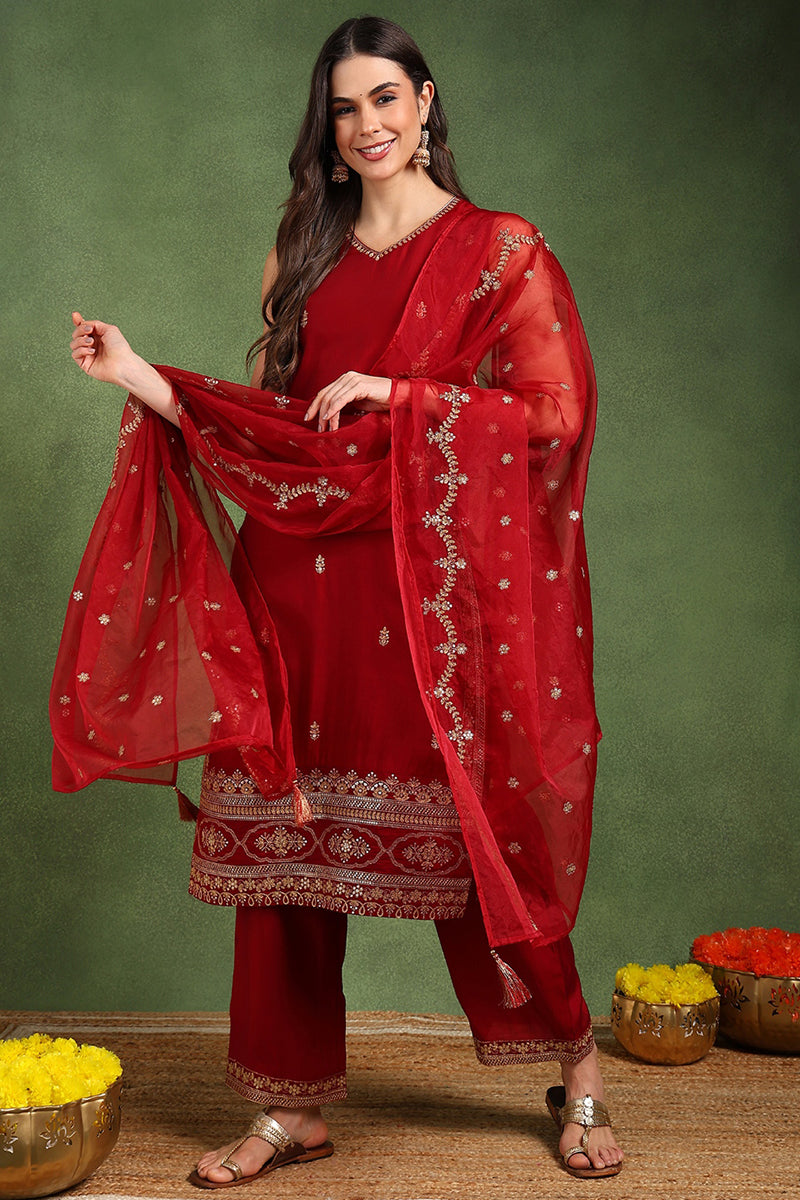 Maroon Embroidered Kurta and Palazzo Set - Elegant Women's Style