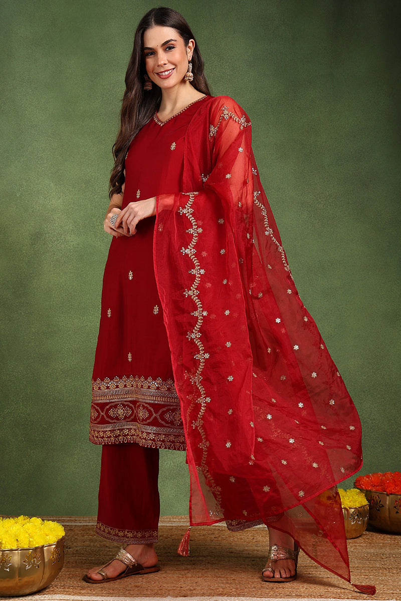 Maroon Embroidered Kurta and Palazzo Set - Elegant Women's Style