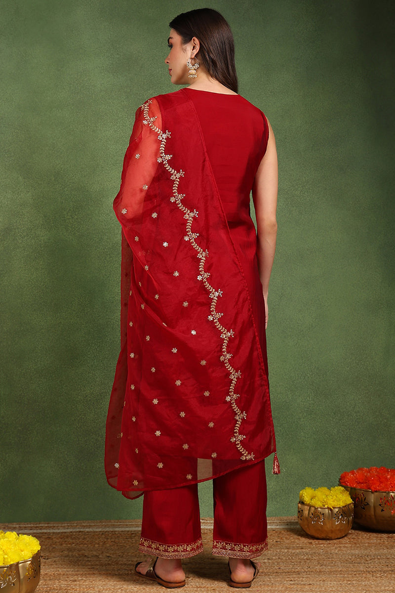 Maroon Embroidered Kurta and Palazzo Set - Elegant Women's Style