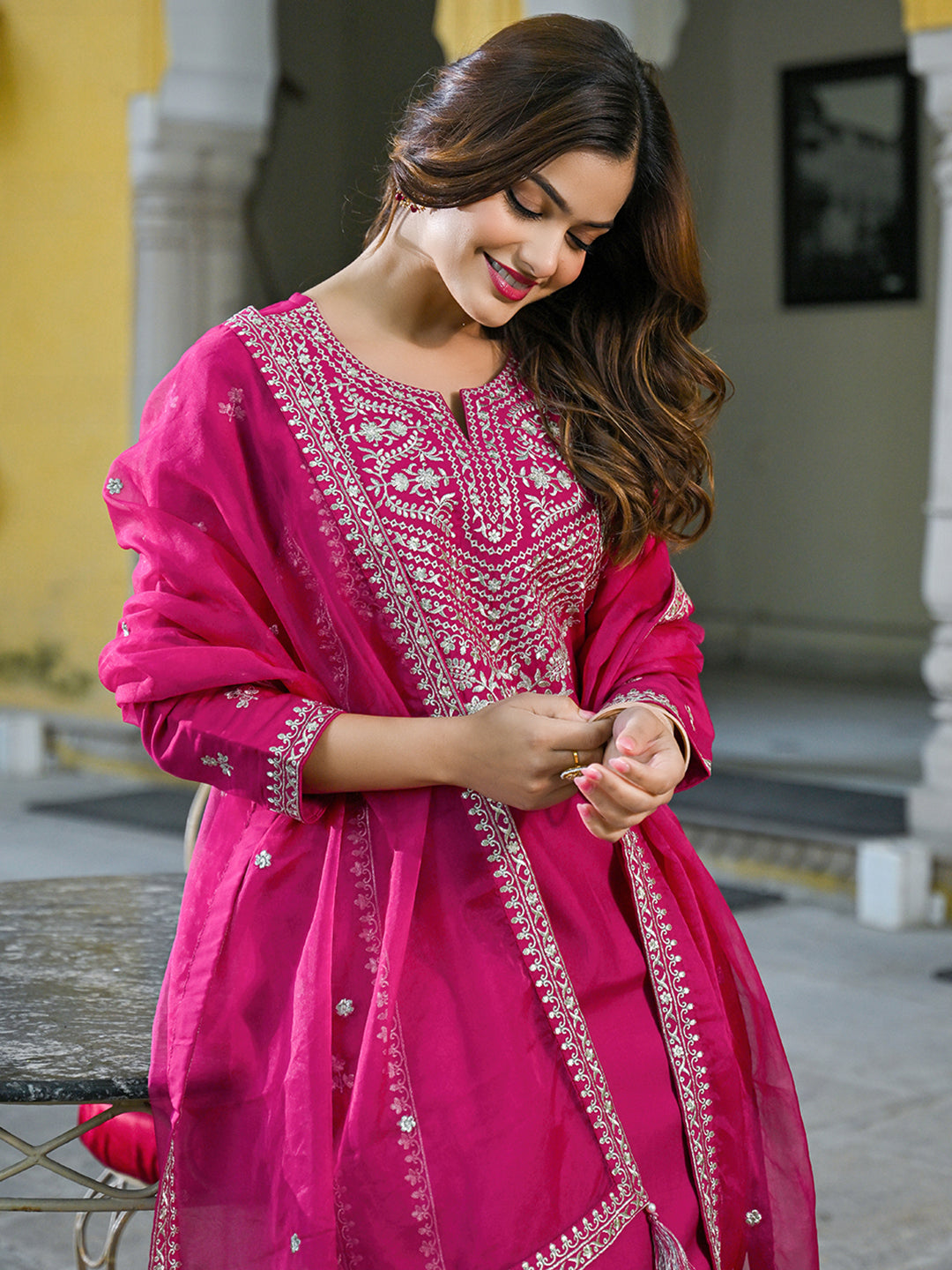 Women Pink Silk Blend Solid Embroidered Straight Kurta Palazzos With Dupatta