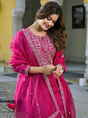 Women Pink Silk Blend Solid Embroidered Straight Kurta Palazzos With Dupatta-PKSKD2732