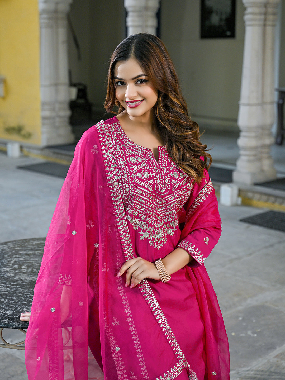 Women Pink Silk Blend Solid Embroidered Straight Kurta Palazzos With Dupatta