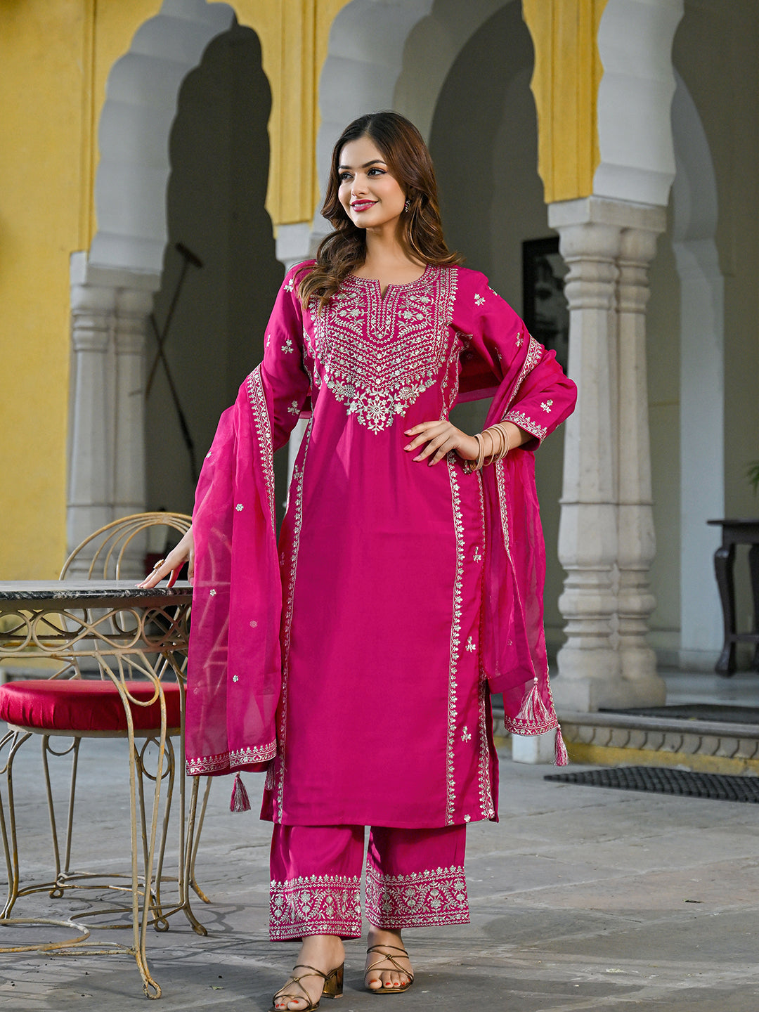 Women Pink Silk Blend Solid Embroidered Straight Kurta Palazzos With Dupatta