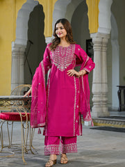 Women Pink Silk Blend Solid Embroidered Straight Kurta Palazzos With Dupatta-PKSKD2732
