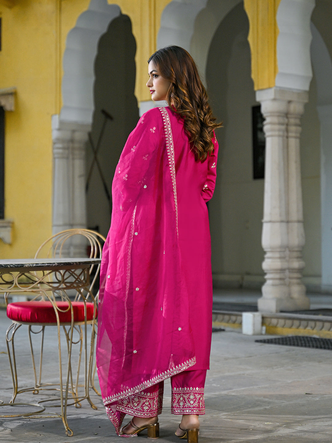 Women Pink Silk Blend Solid Embroidered Straight Kurta Palazzos With Dupatta
