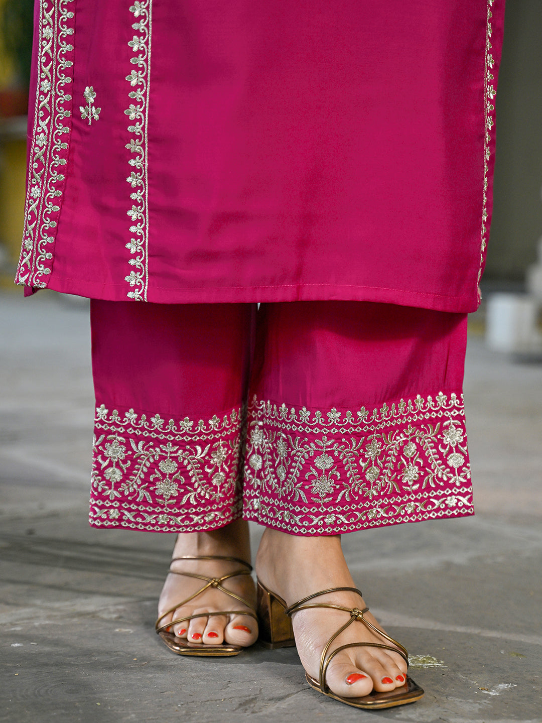 Women Pink Silk Blend Solid Embroidered Straight Kurta Palazzos With Dupatta