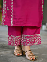 Women Pink Silk Blend Solid Embroidered Straight Kurta Palazzos With Dupatta-PKSKD2732