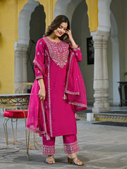 Women Pink Silk Blend Solid Embroidered Straight Kurta Palazzos With Dupatta-PKSKD2732