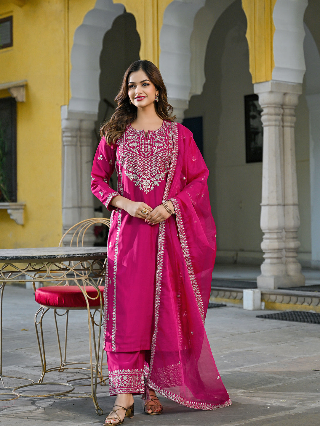 Women Pink Silk Blend Solid Embroidered Straight Kurta Palazzos With Dupatta