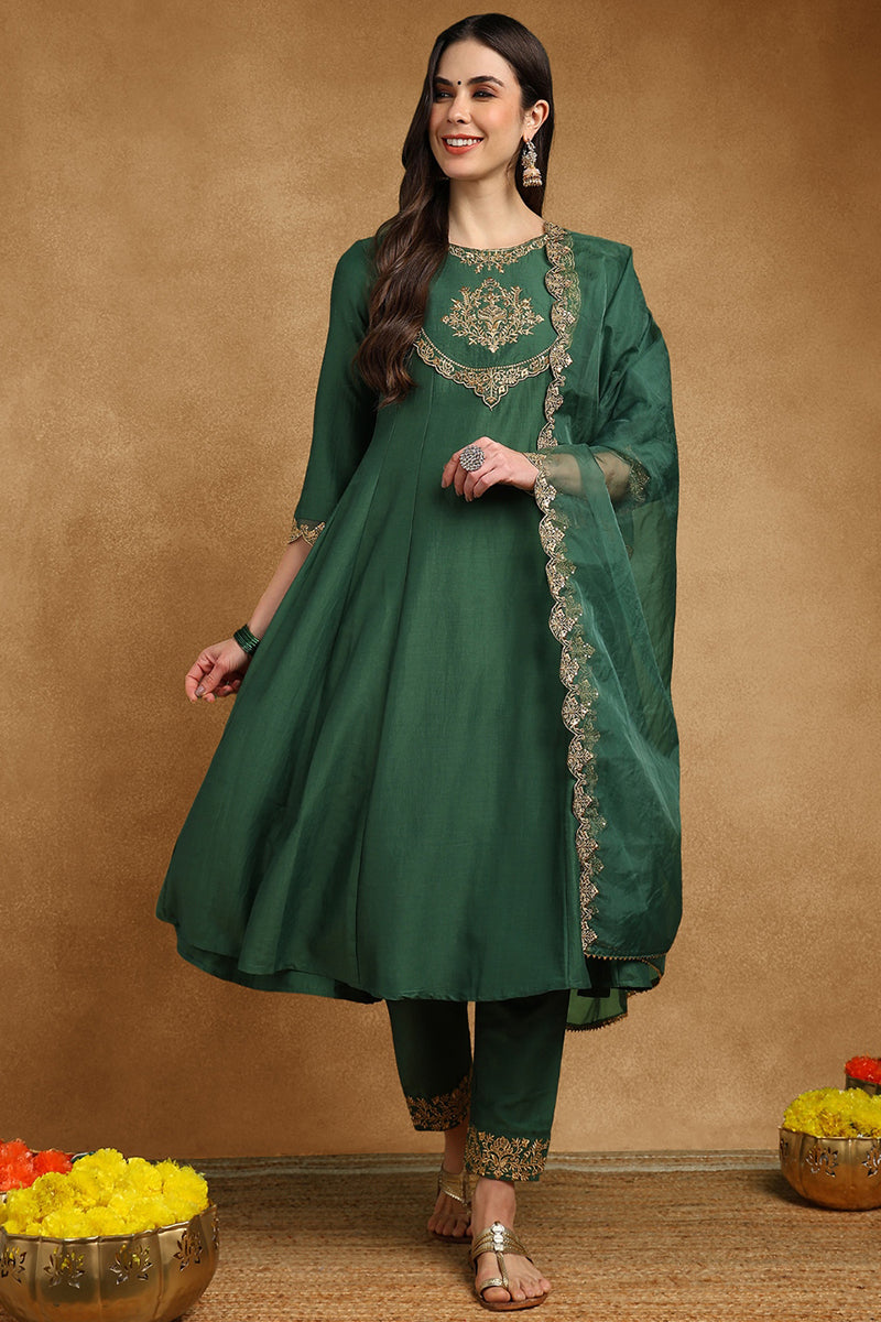 Green Silk Blend Solid Embroidered Anarkali Suit Set With Trouser Bott
