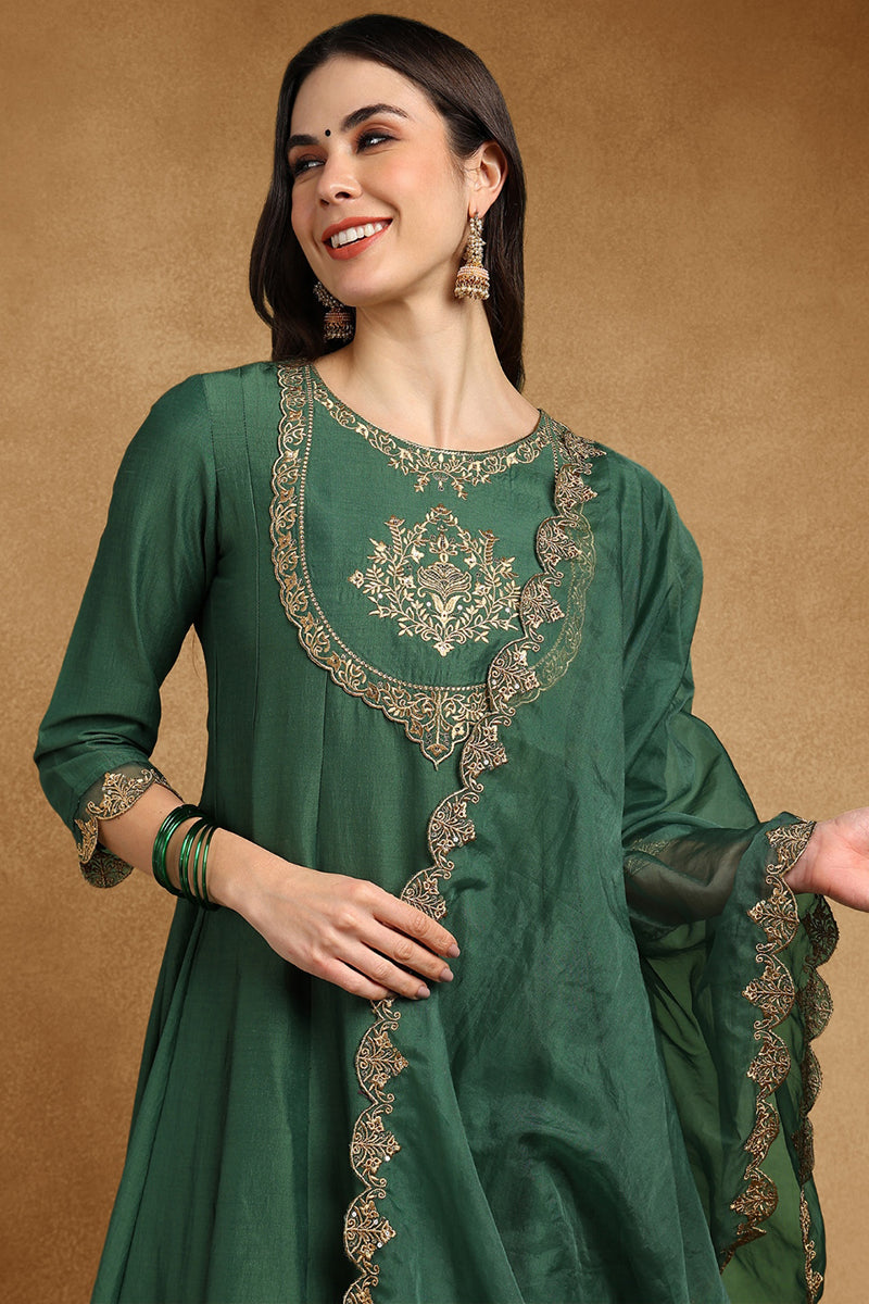 Green Silk Blend Solid Embroidered Anarkali Suit Set With Trouser Bott
