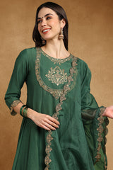 Green Silk Blend Solid Embroidered Anarkali Suit Set With Trouser Bottom PKSKD2733