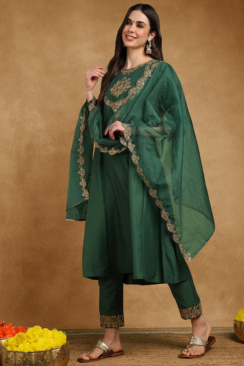 Green Silk Blend Solid Embroidered Anarkali Suit Set With Trouser Bott